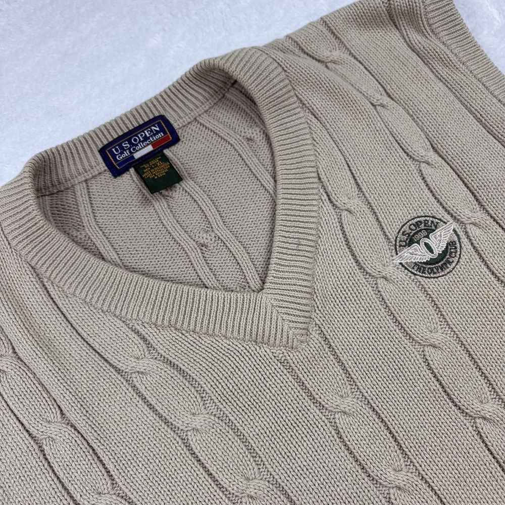 Vintage U.S. OPEN Golf Sweater Vest Mens XL Beige Cable-Knit V Neck Logo 90s